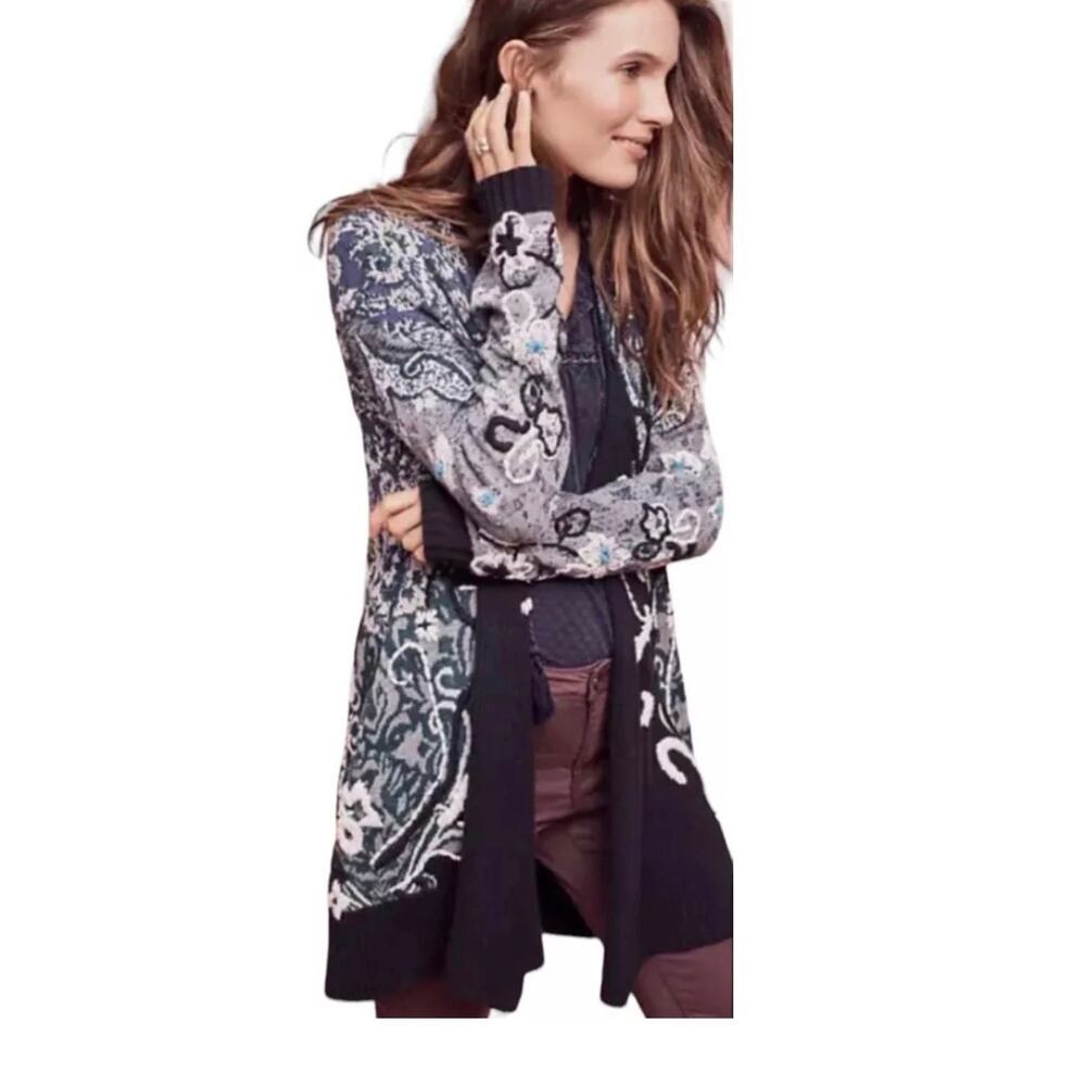 Anthropologie HWR Boho Emma Embroidered Open Front Blue Wool Cardigan S